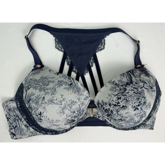 CACIQUE Boost Plunge Blue Floral Bra Front Closure Underwire Lace Racerback 44D - Picture 1 of 13